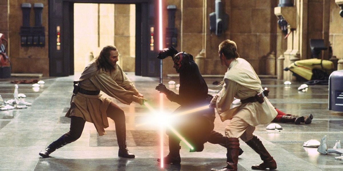 Lightsaber duel between Qui-Gon Jinn, Obi Wan and Darth Maul