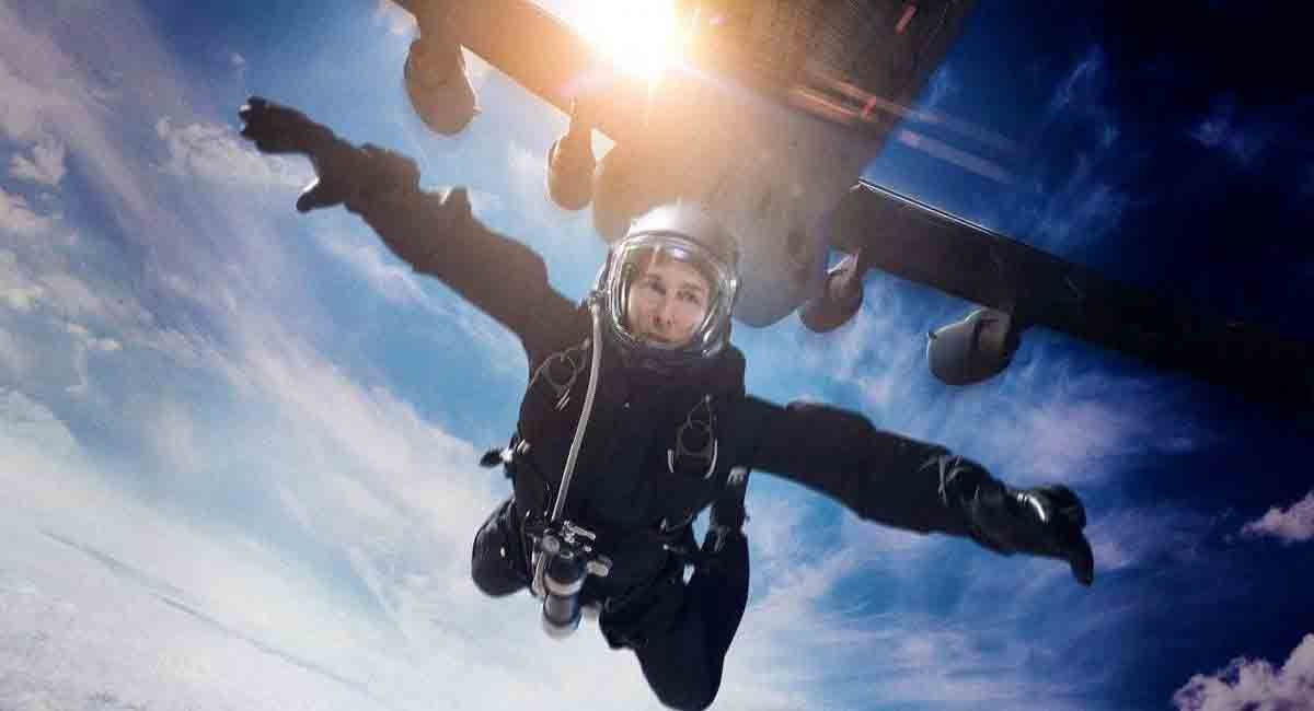 Tom Cruise skydiving in a scene from 'Mission Impossible: Fallout' 