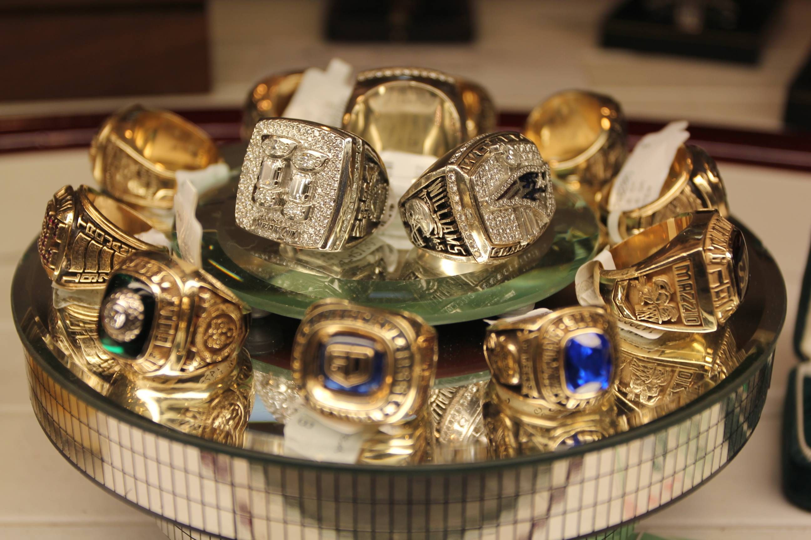 Championship rings on display in Pawn Stars.