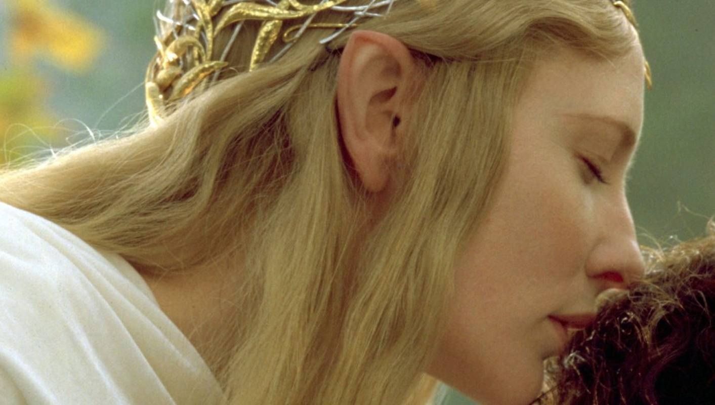Cate Blanchett as Galadriel kissing Frodo