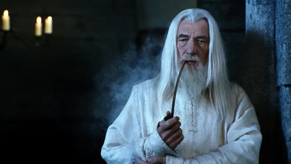 Ian McKellen as Gandalf smoking a pipe