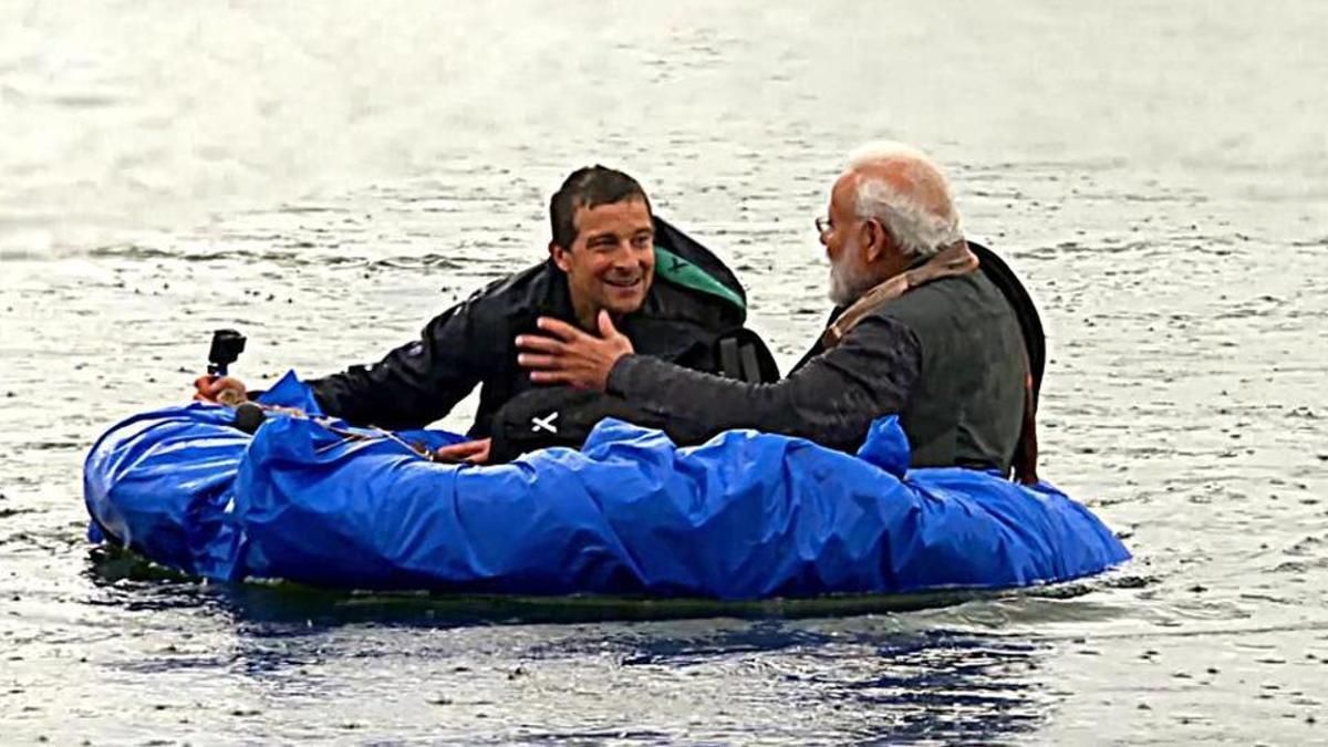 Bear Grylls on a raft in an episode of Man vs Wild.
