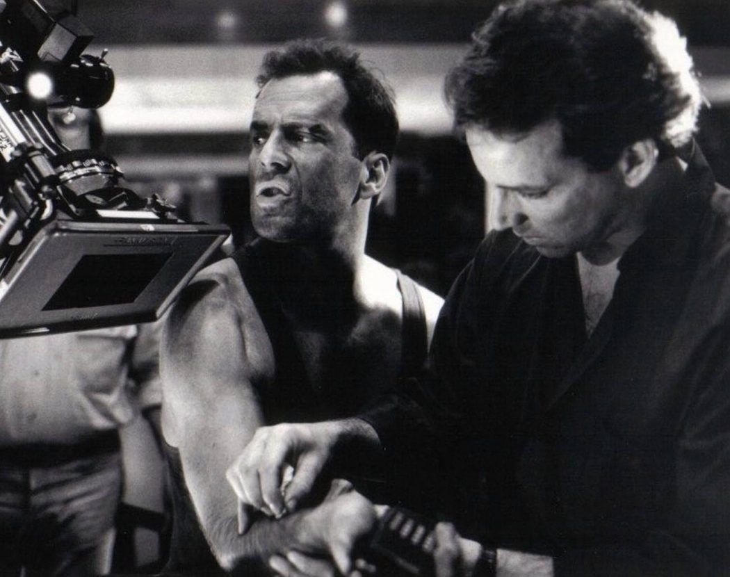 A behind the scenes image of Die Hard during filming.