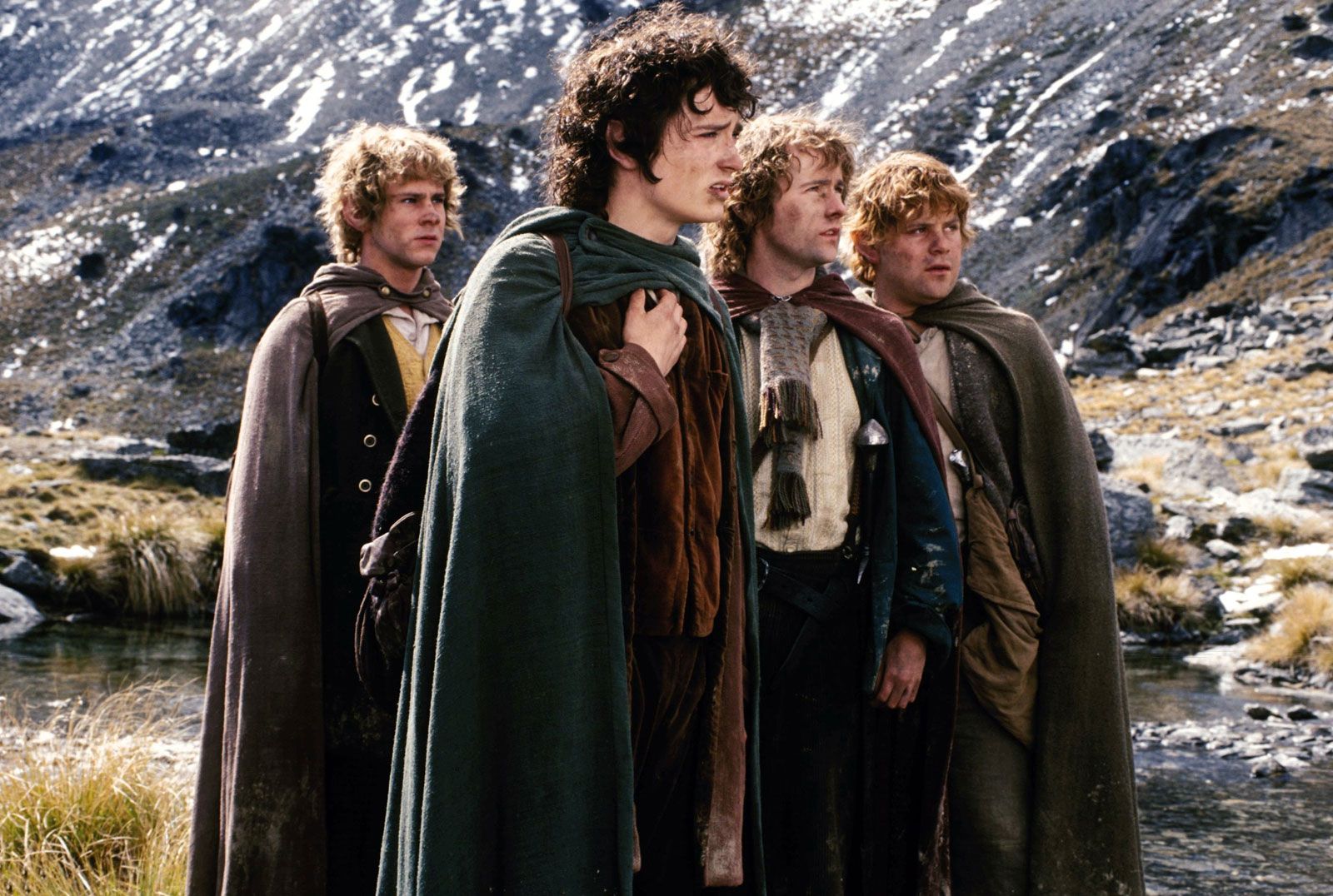 Frodo, Merry, Pippin and Sam follow Aragorn