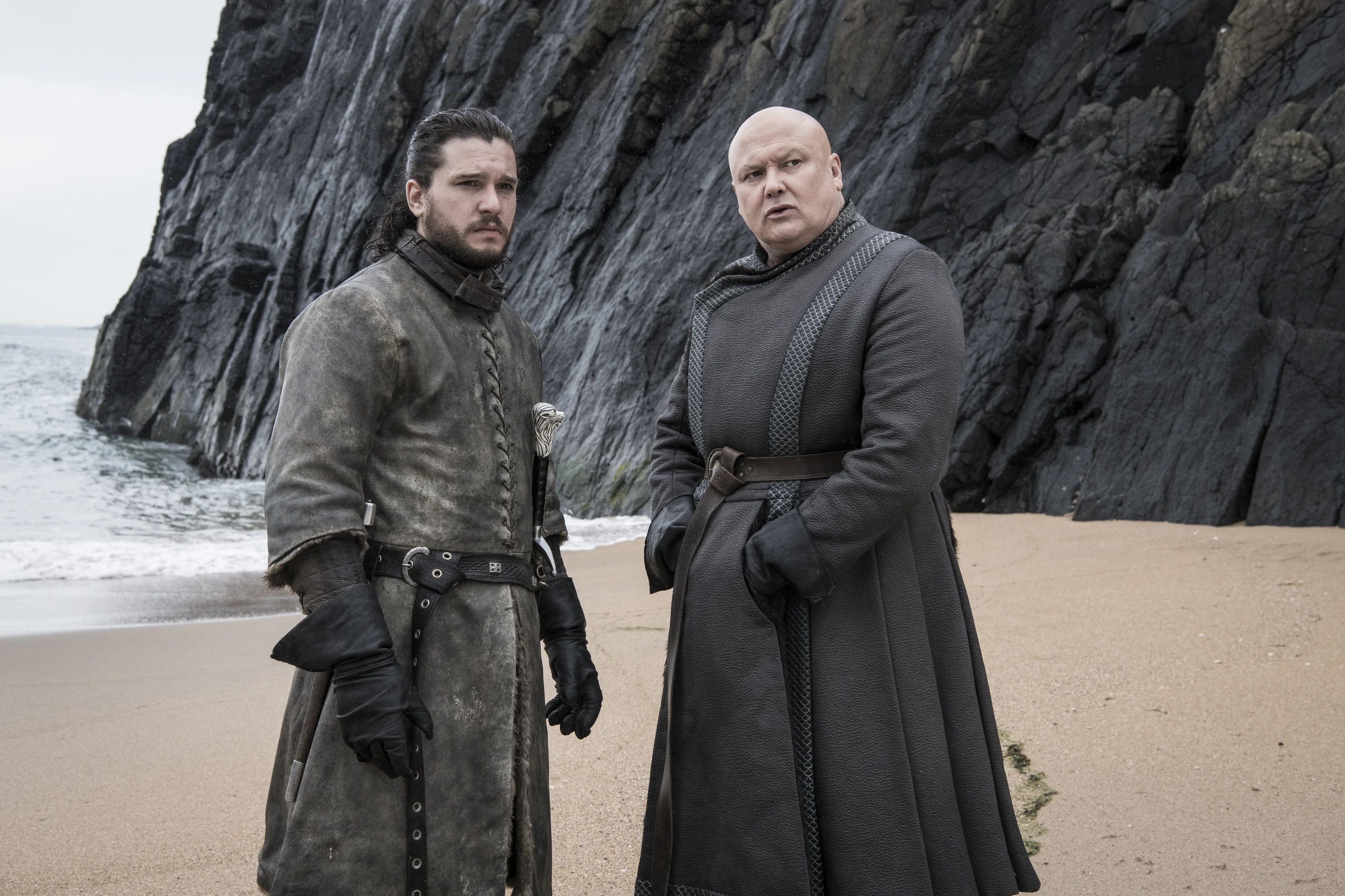 Conleth Hill as Varys talking to Jon Snow in Game of Thrones.