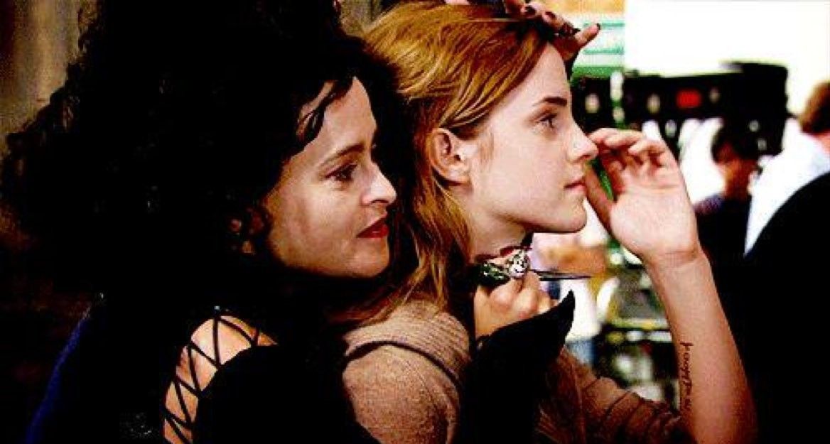 Emma Watson and Helena Bonham-Carter bonding on set
