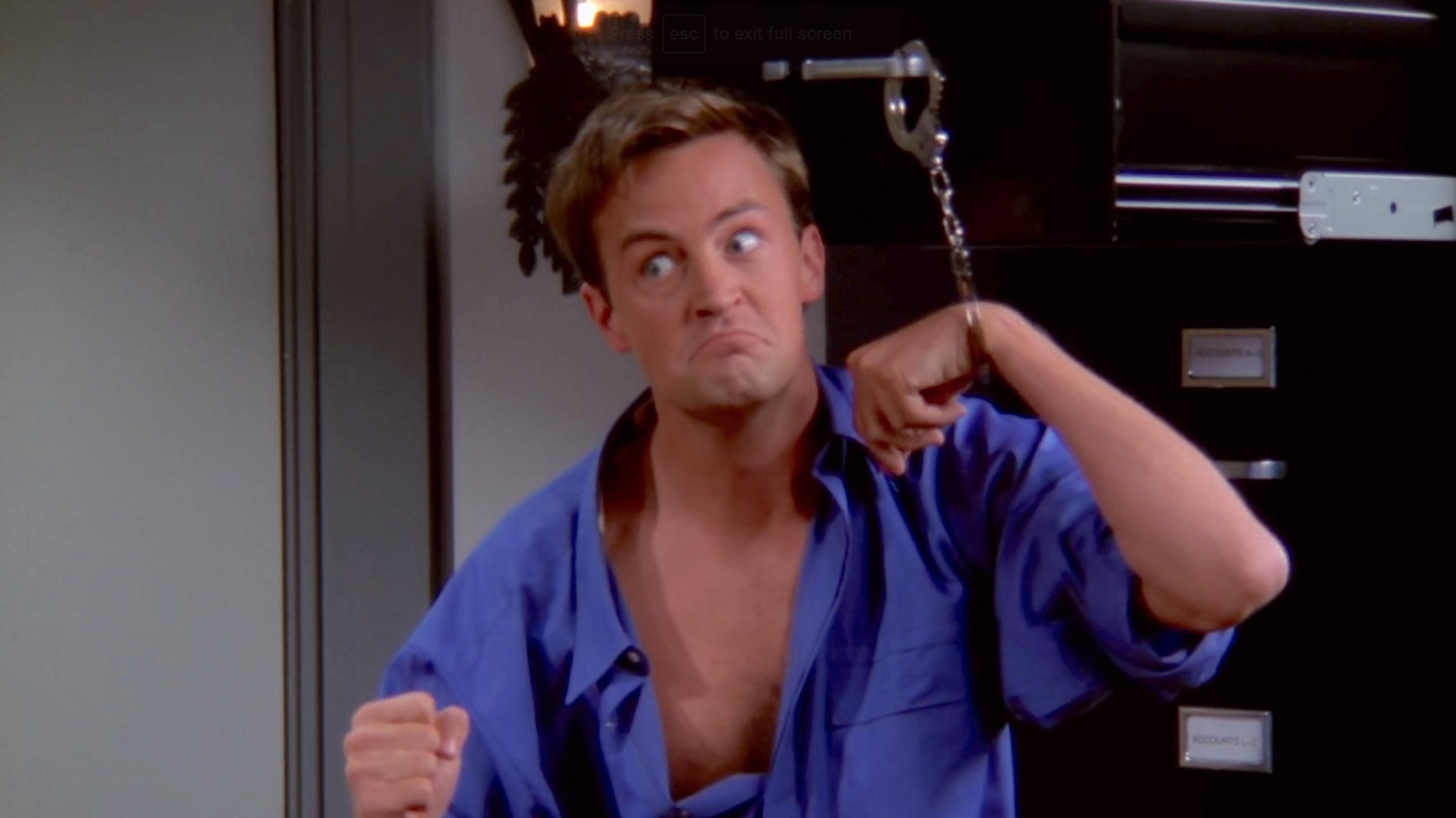 Matthew Perry as Chandler handcuffed in Friends