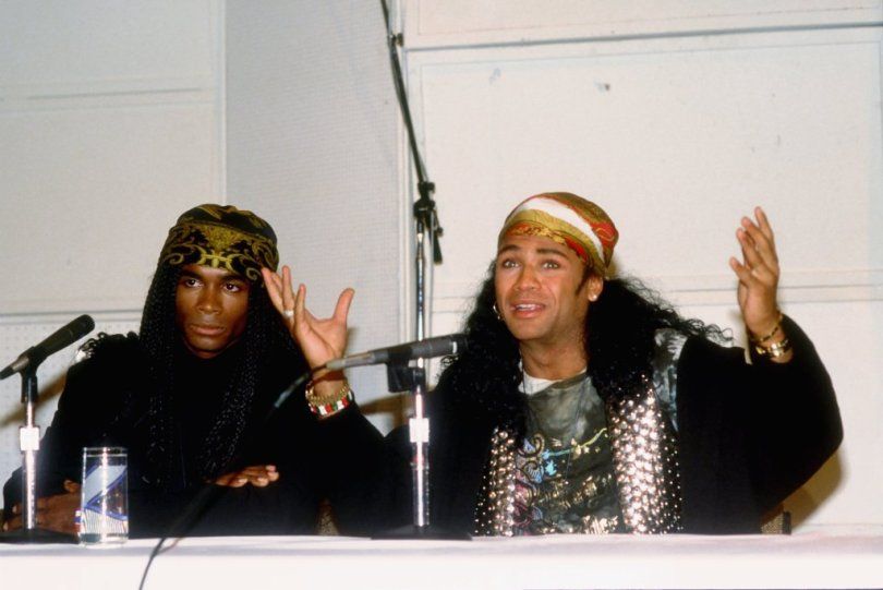 LOS ANGELES - NOVEMBER 20: Fabrice &quot;Fab&quot; Morvan (left) and Rob Pilatus (right) attend a press conference during which they admit that they were not the real singers for the group Milli Vanilli and plan to return their Grammy Awards for best new artist on November 20, 1990 in Los Angeles, California. (Photo by Michael Ochs Archives/Getty Images)