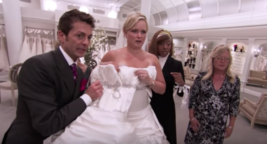 Jennifer trying on wedding dress on Say Yes To the Dress