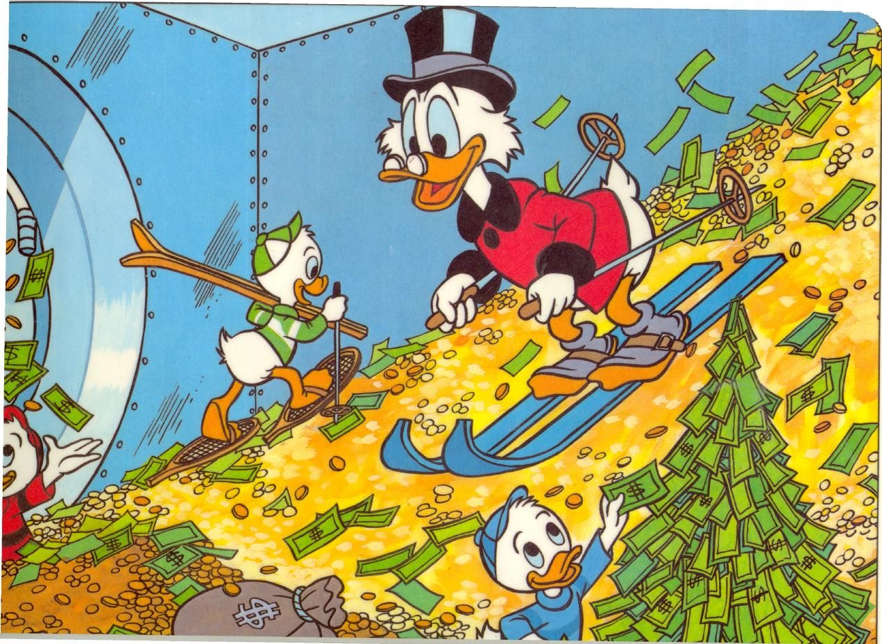 Scrooge McDuck Skiing Through His Money