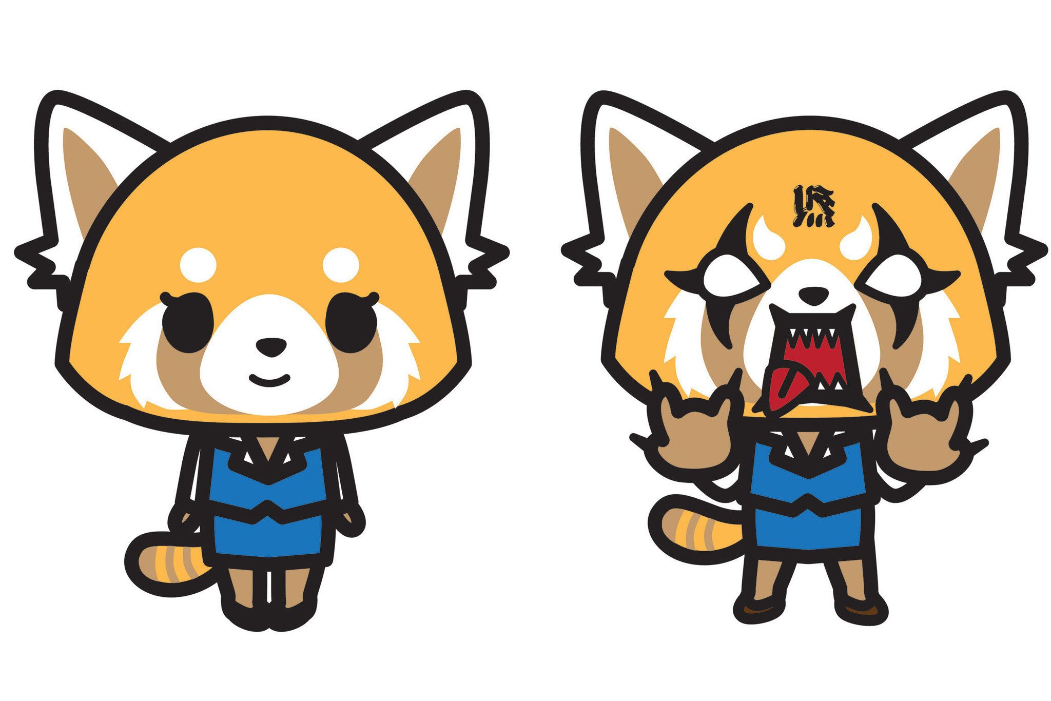 Aggretsuko smiling at the camera and then Aggretsuko raging at the camera
