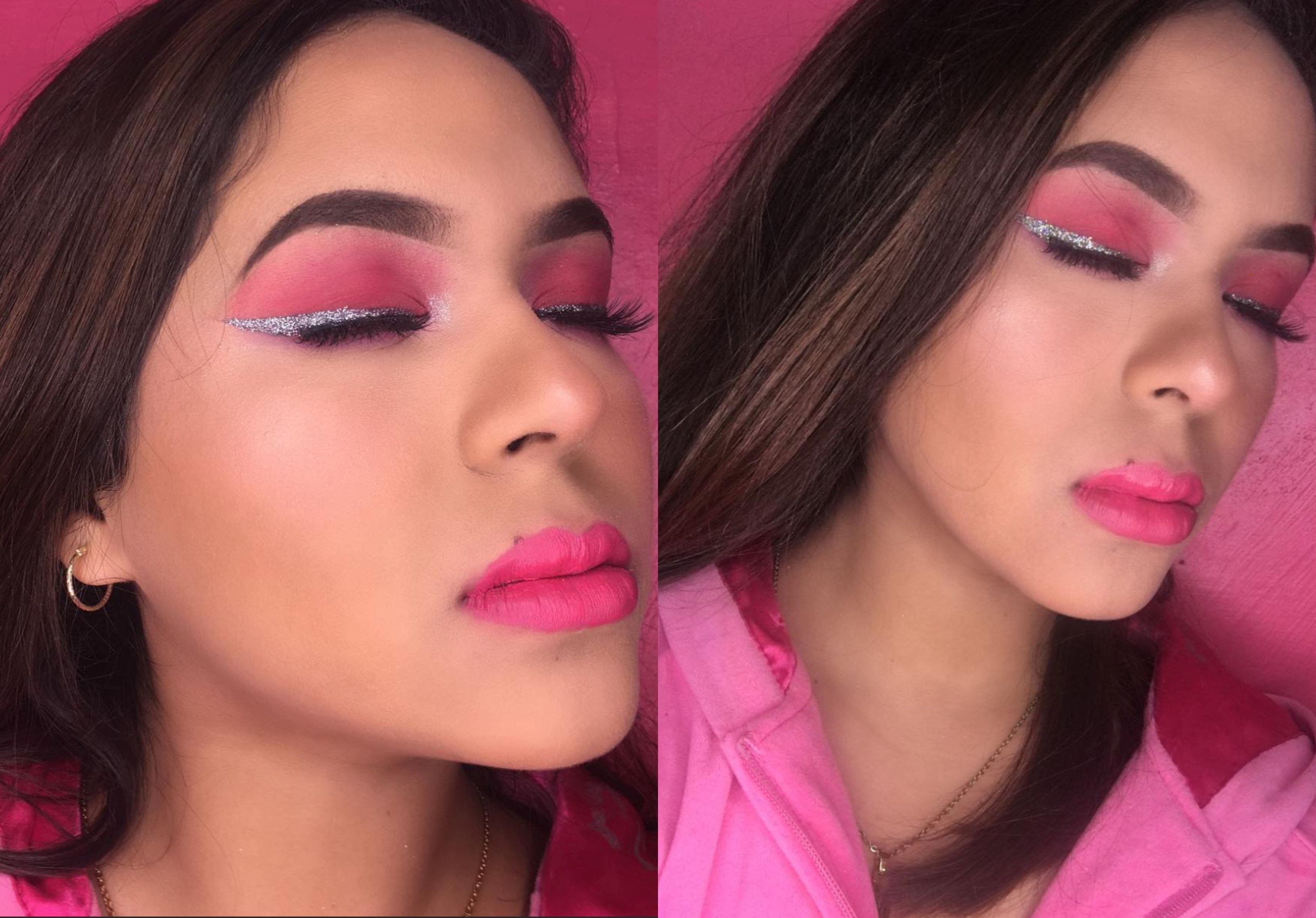 Barbie-inspired glitter makeup look