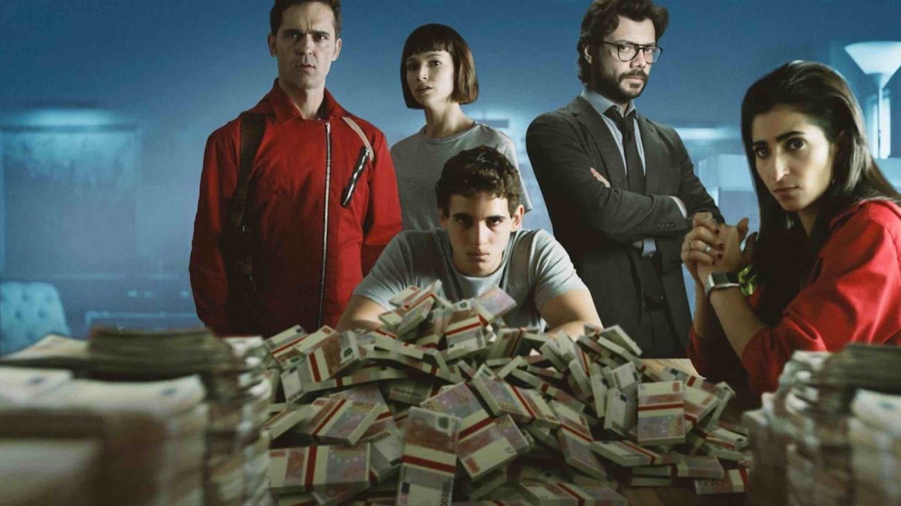 The robbers from Money Heist with the stolen cash.