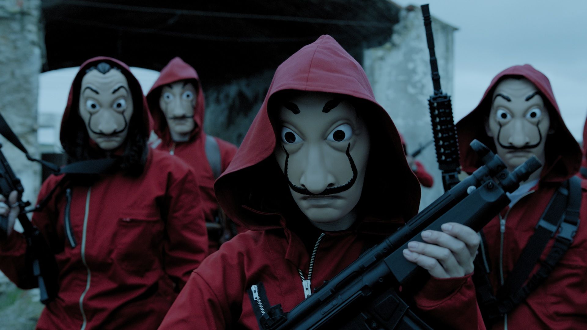 The crew wearing the signature Dali masks in Money Heist.