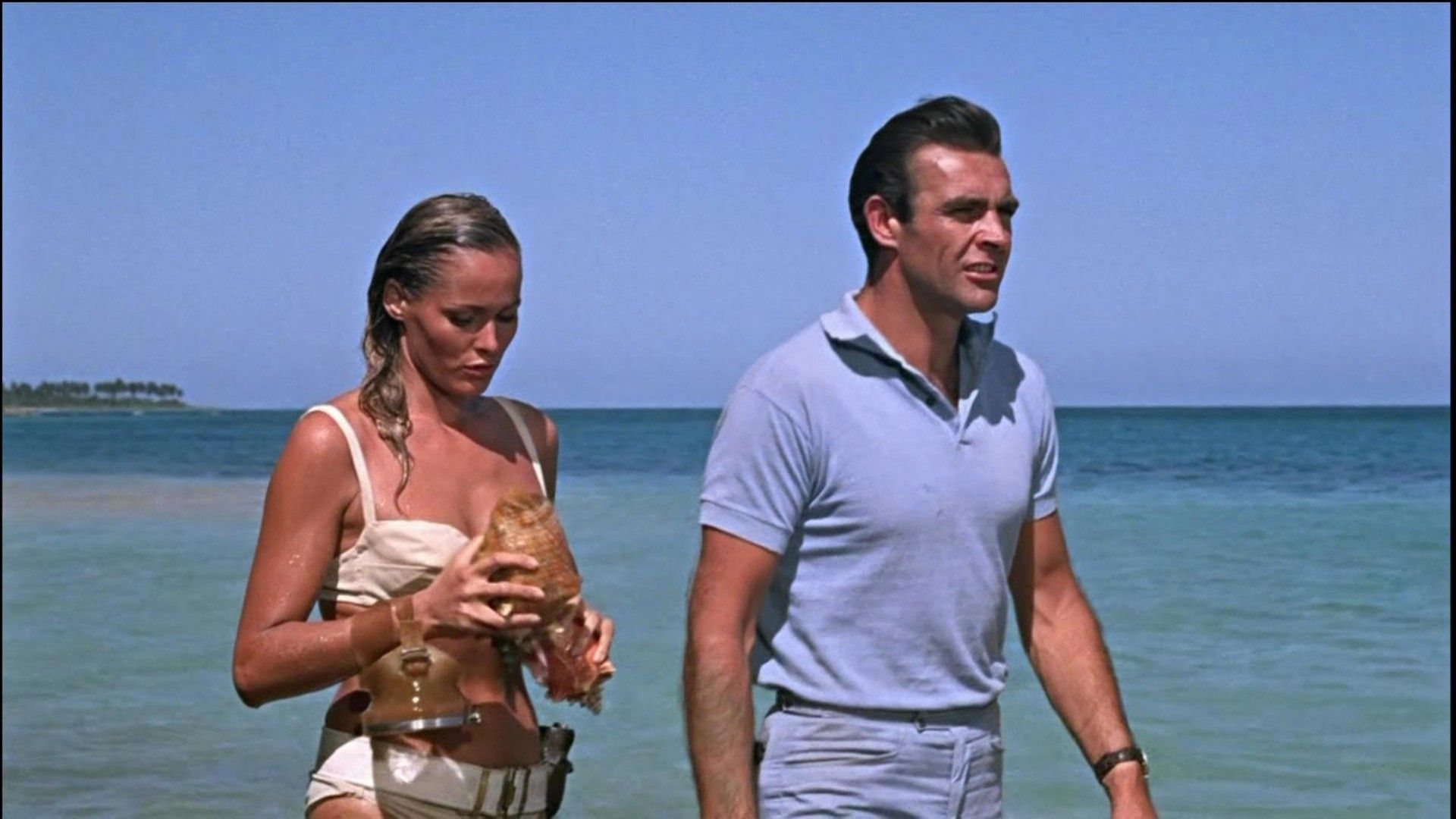 Sean Connery and Ursula Andress in Dr No beach meeting