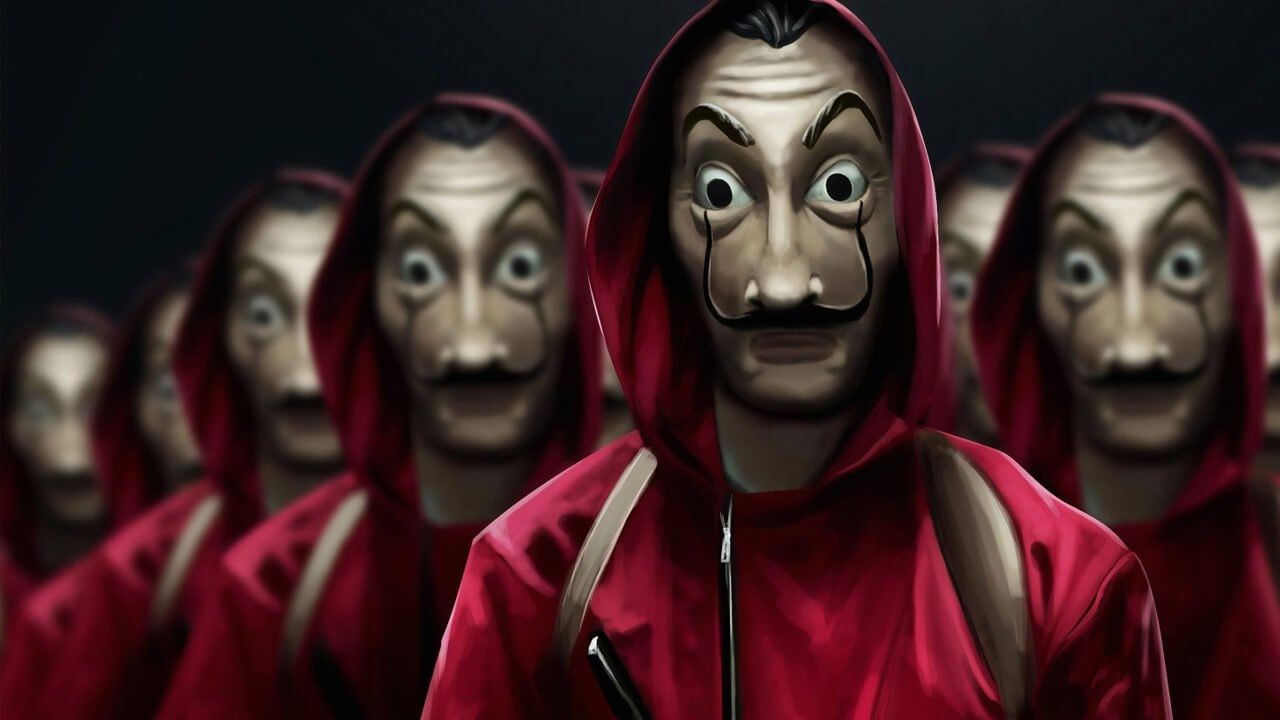 The cast of Money Heist in the signature Dali masks.