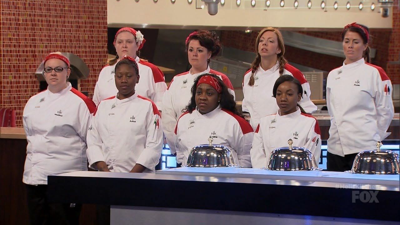 A scene from Hell's Kitchen where the contestants line up