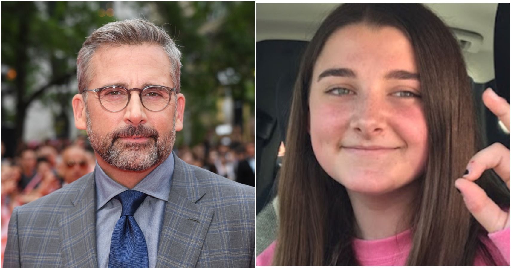 Split screen Steve Carell at outdoor event, Annie in pink doing OK sign