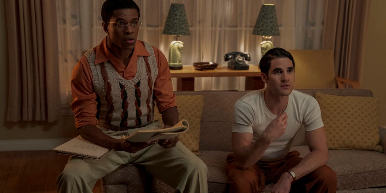 Jeremy Pope and Darren Criss in a scene of Hollywood.