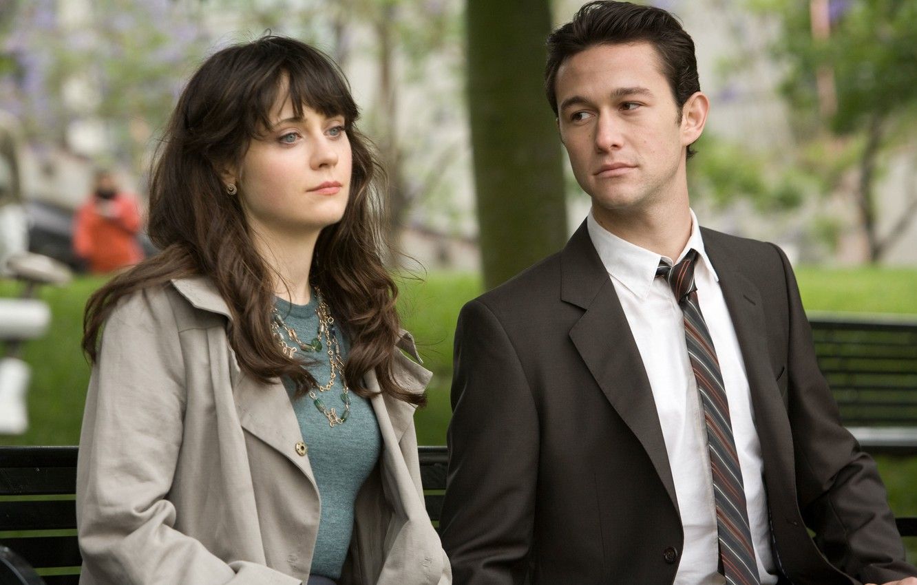 Tom and Summer sitting on a bench in a park in the movie 500 Days of Summer