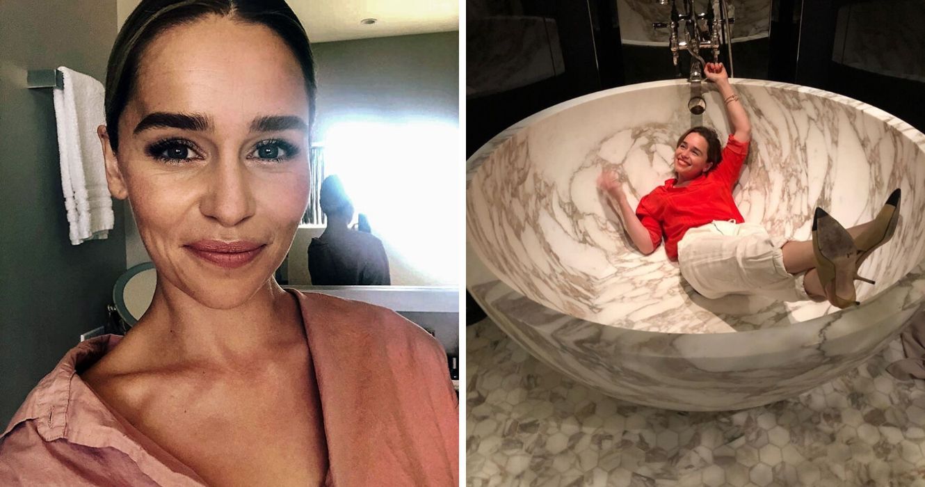 Emilia Clarke bathroom mirror selfie/Emilia Clarke lying in a giant sink-shaped tub