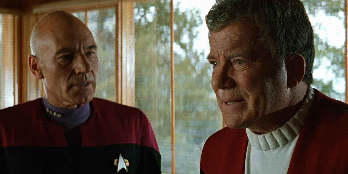 William Shatner and Patrick Stewart as Kirk and Picard