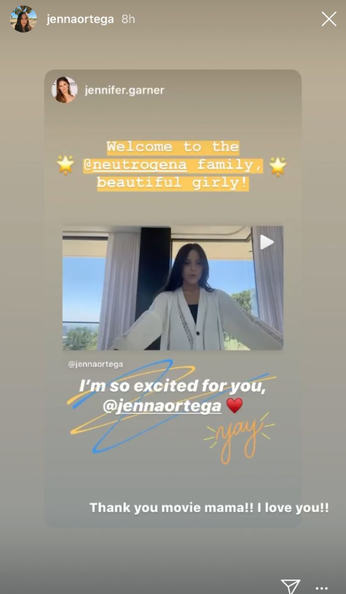 Instagram story of Jenna Ortega for Neutrogena reposting Jennifer Garner