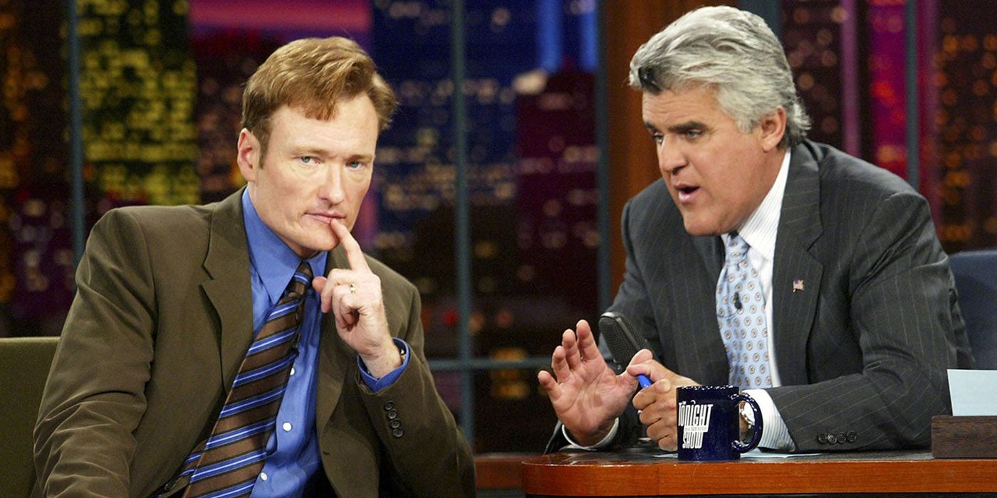 Jay Leno and Conan O'Brien on the set of The Tonight Show