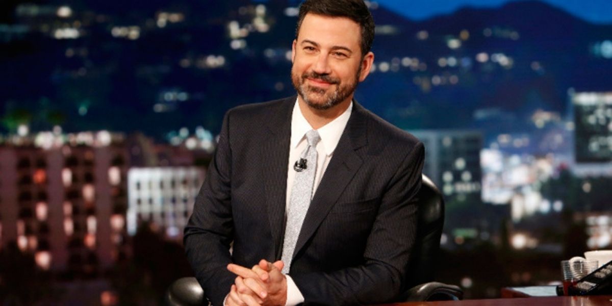 Jimmy Kimmel at his desk at Jimmy Kimmel Live!