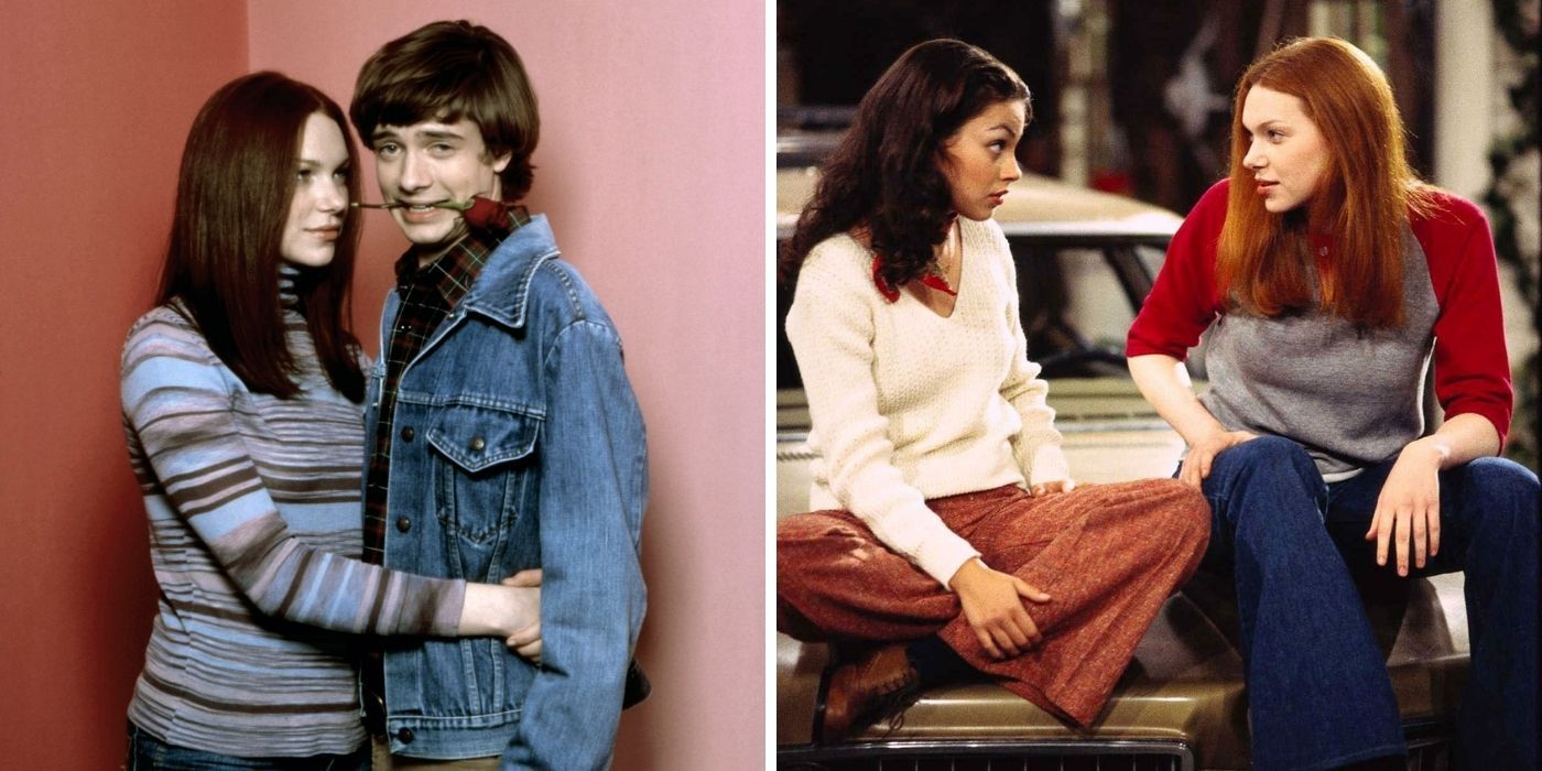 Laura Prepon and Topher Grace hugging in character - Mila Kunis and Laura Prepon on 'That '70s Show'