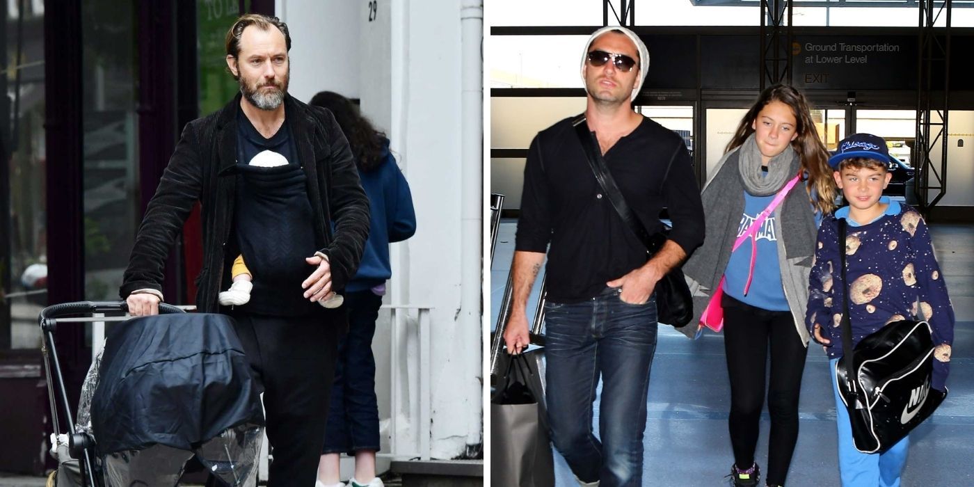 Jude Law walking with his new baby in 2020 - Jude Law with two of his older kids