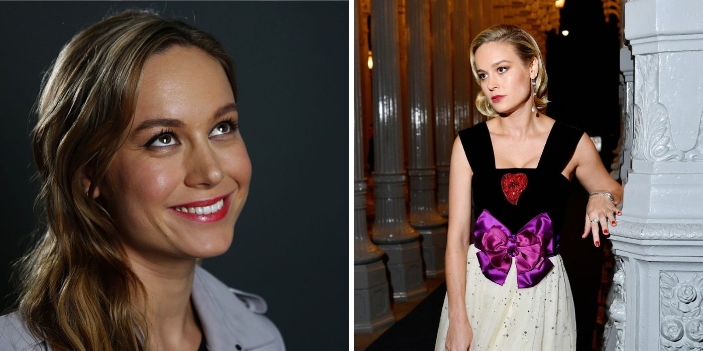 Brie Larson rolling her eyes and smiling - Brie Larson posing by a pillar