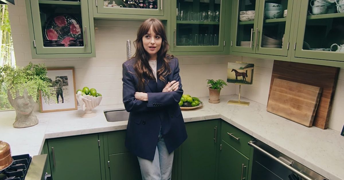 Dakota Johnson in her green kitchen