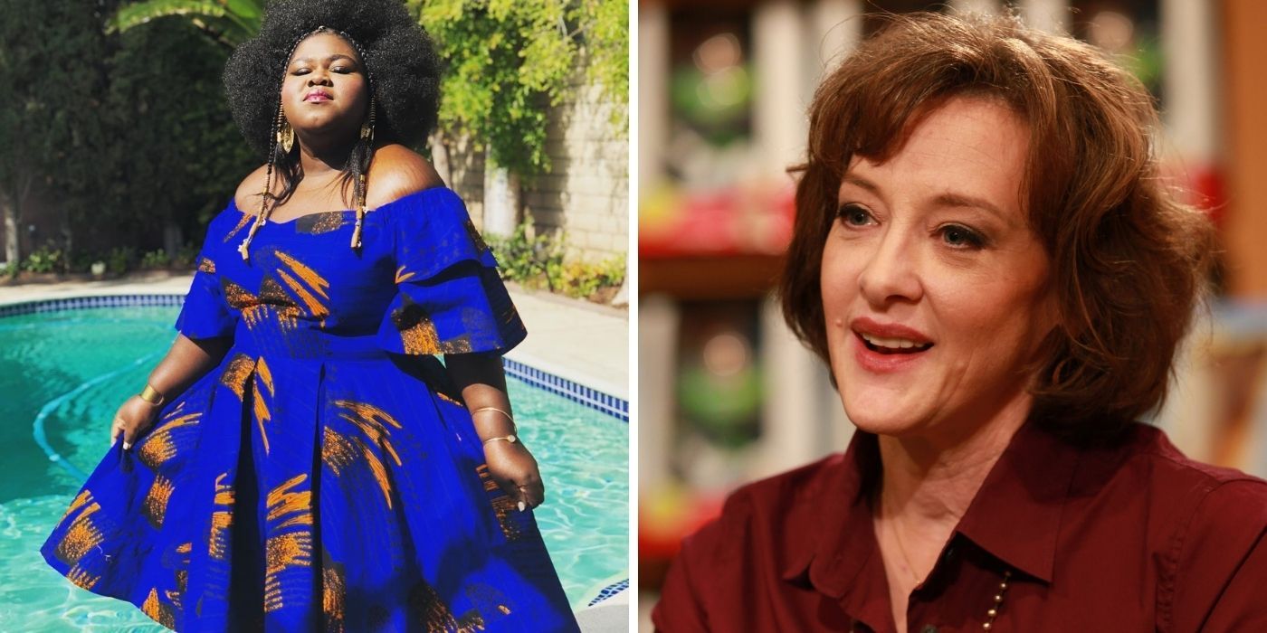Gabourey Sidibe in a blue dress and afro - Joan Cusack in an interview