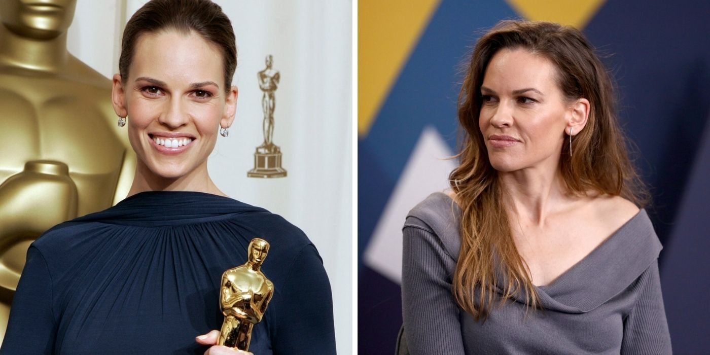 Hilary Swank holding an award - Hilary Swank looking off the stage during an interview