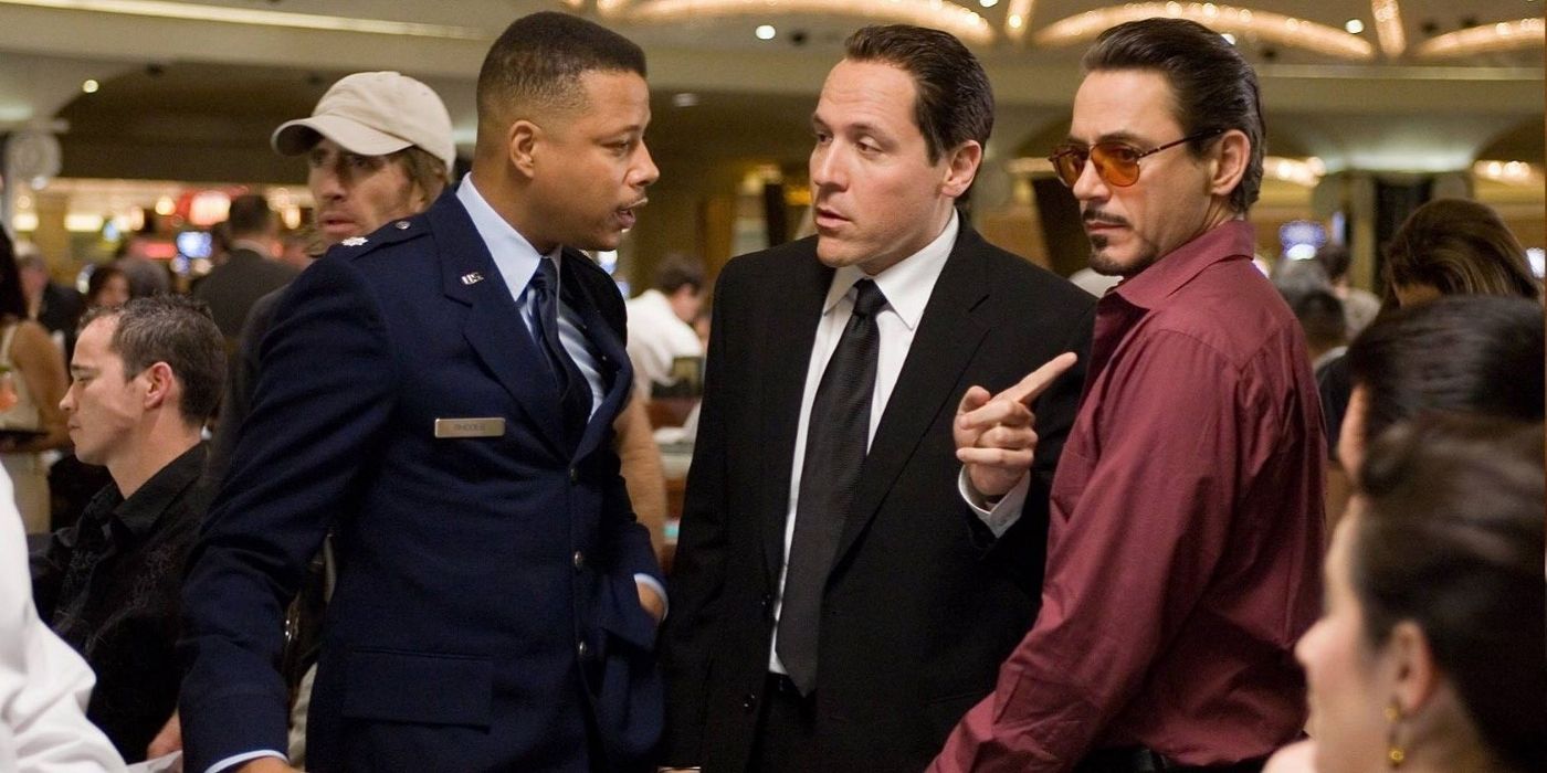 Terrence Howard as Rhodey (left), Jon Favreau as Happy Hogan (middle), and Robert Downey, Jr. (right) as Tony Stark in "Iron Man" (2008)