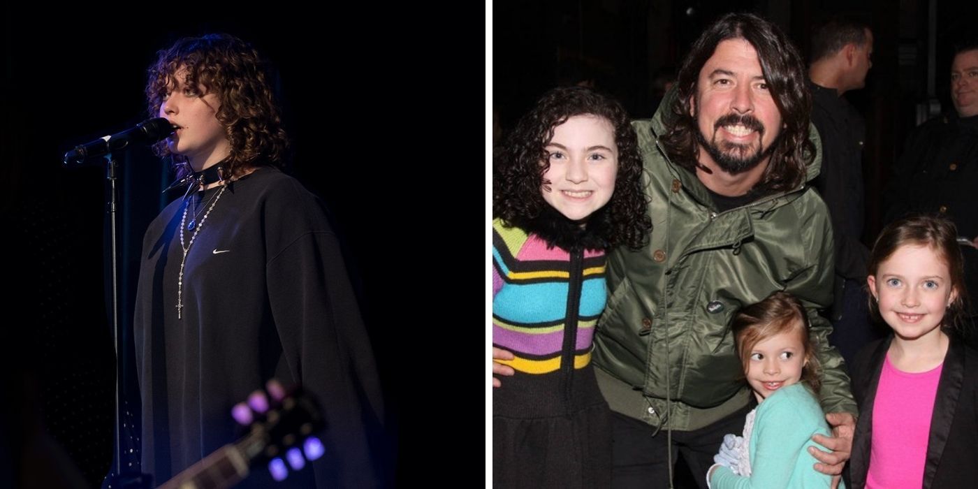 Violet Grohl singing on stage - Dave Grohl and his three daughters