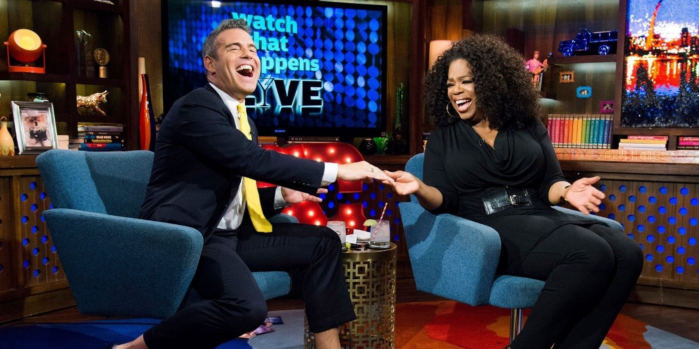 Andy Cohen and Oprah Winfrey on the set of 'Watch What Happens Live'