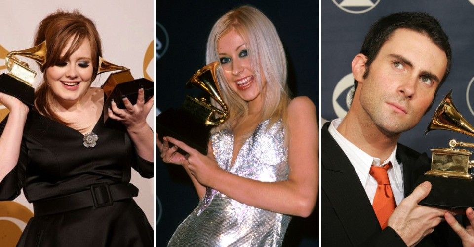Adele, Christina Aguilera and Adam Levine holding their Grammy awards in the 2000s.