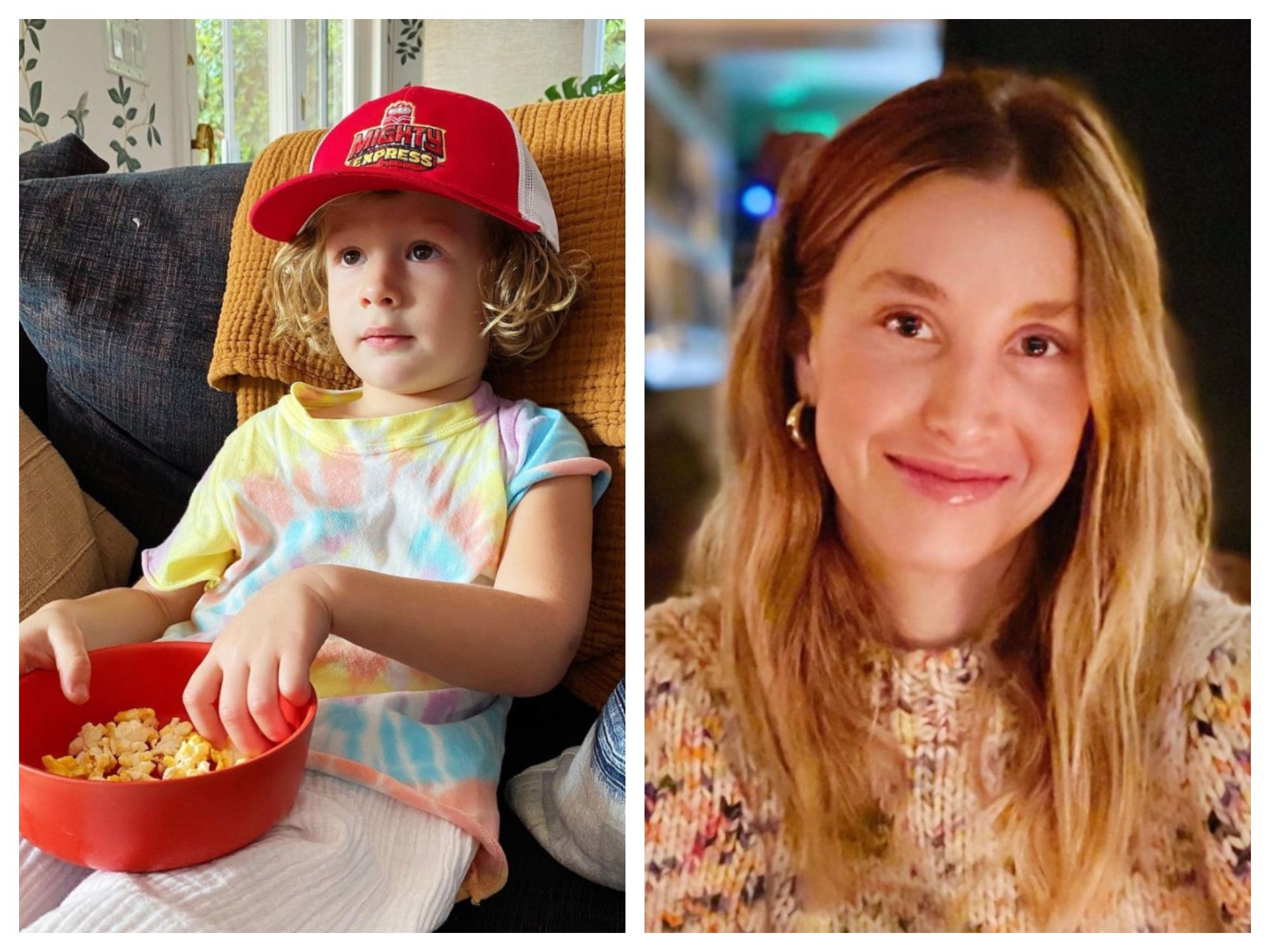 whitney port's son sonny watching tv and eating a snack and whitney port smiling