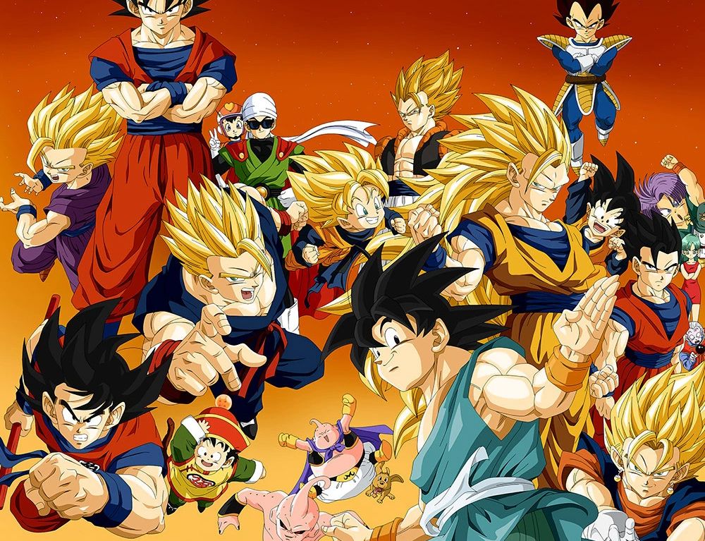 Dragon Ball Z cartoon characters posing poster red background