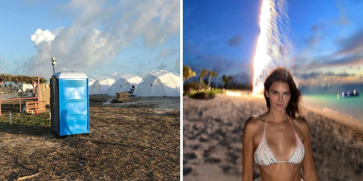Image of a portapotty at the Fyre Festival - Kendall Jenner on a beach in a bikini