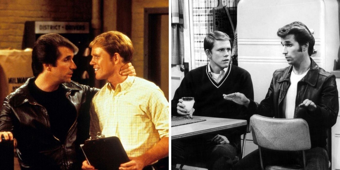 Henry Winkler as The Fonz and Ron Howard as Richie Cunningham on 'Happy Days' - Ron Howard and Henry Winkler in black and white on the set of 'Happy Days'