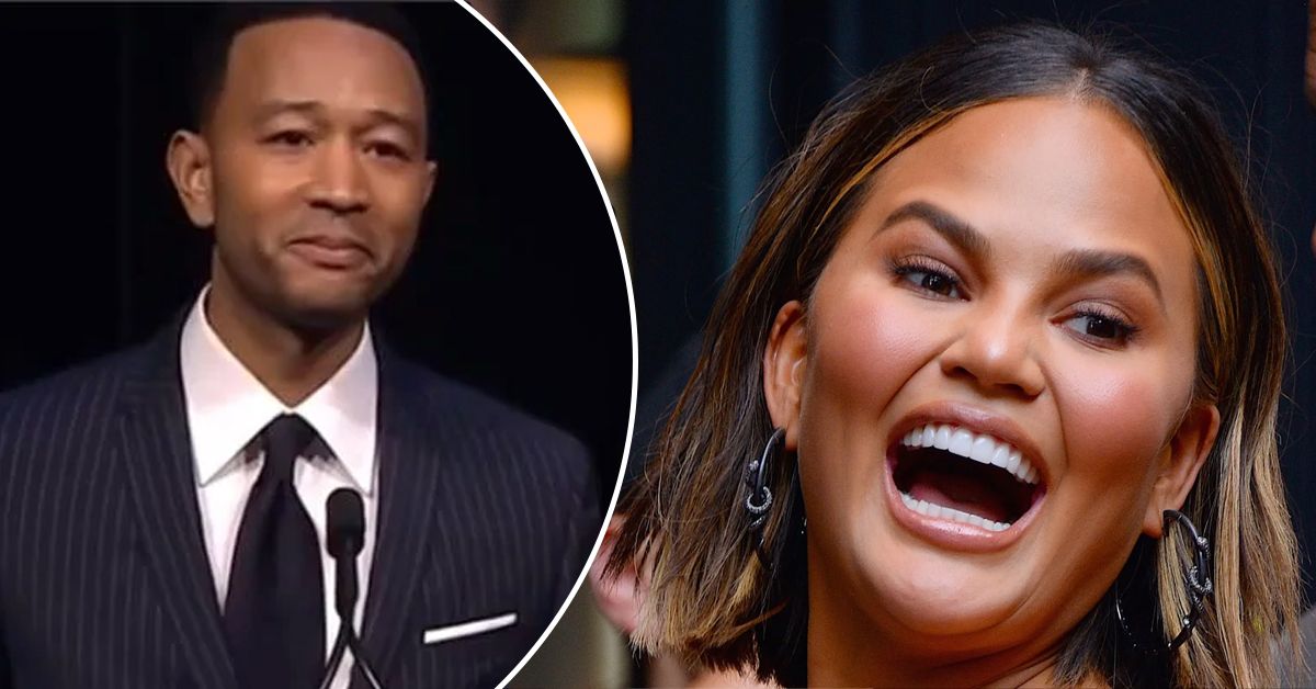 John Legend embarrassed and Chrissy Teigen laughing