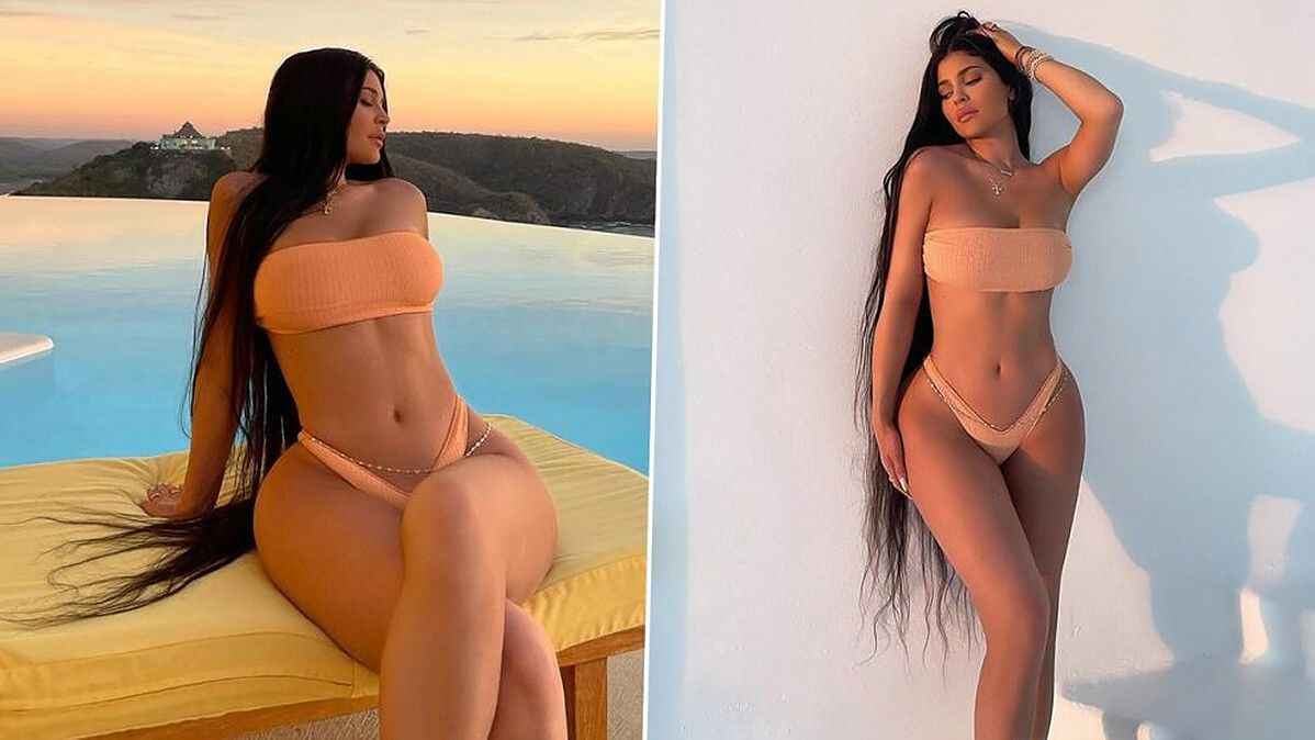 kylie jenner in a peach swimsuit mexico 2021