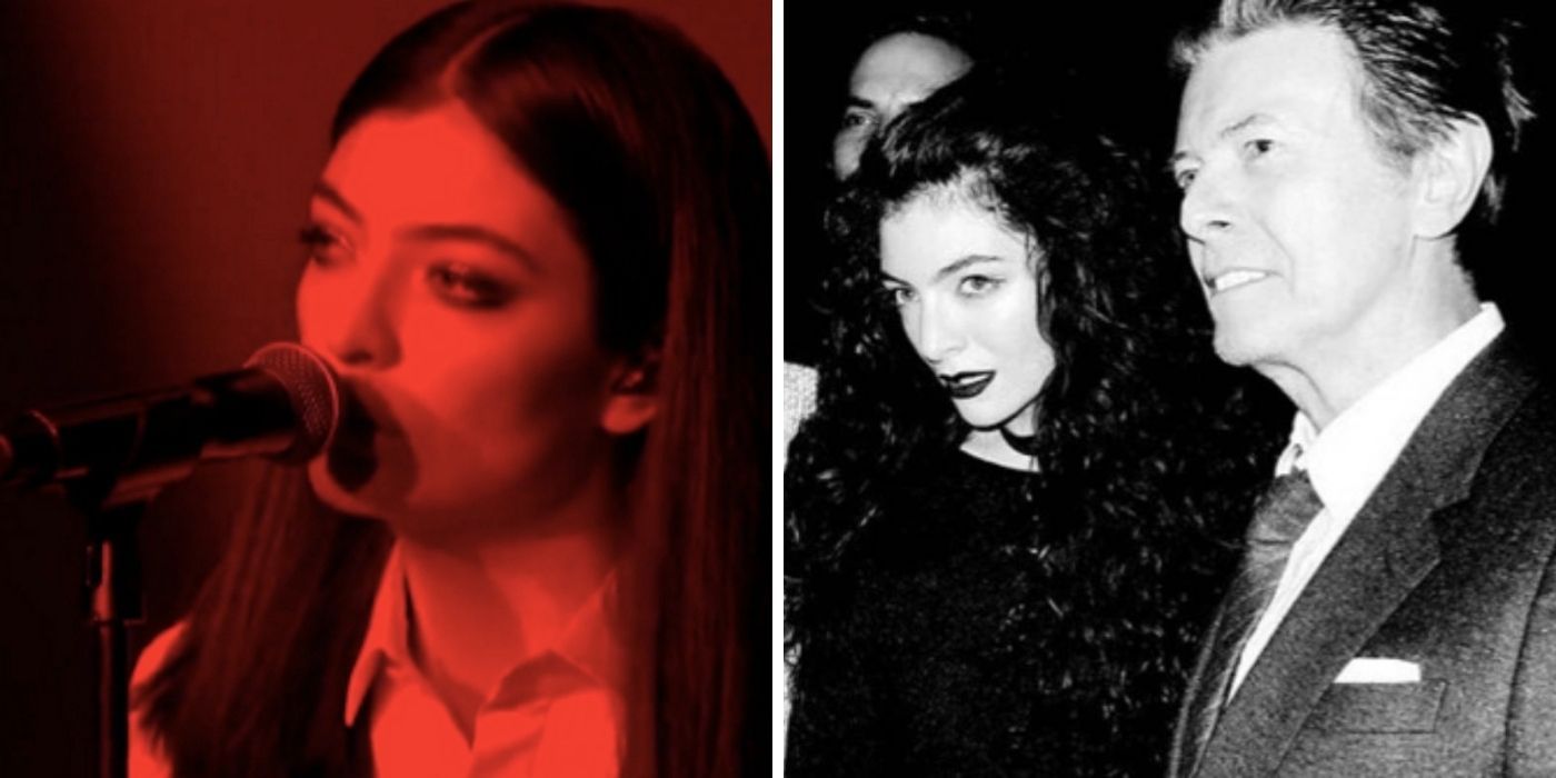 Lorde singing into a microphone - Lorde and David Bowie in black and white