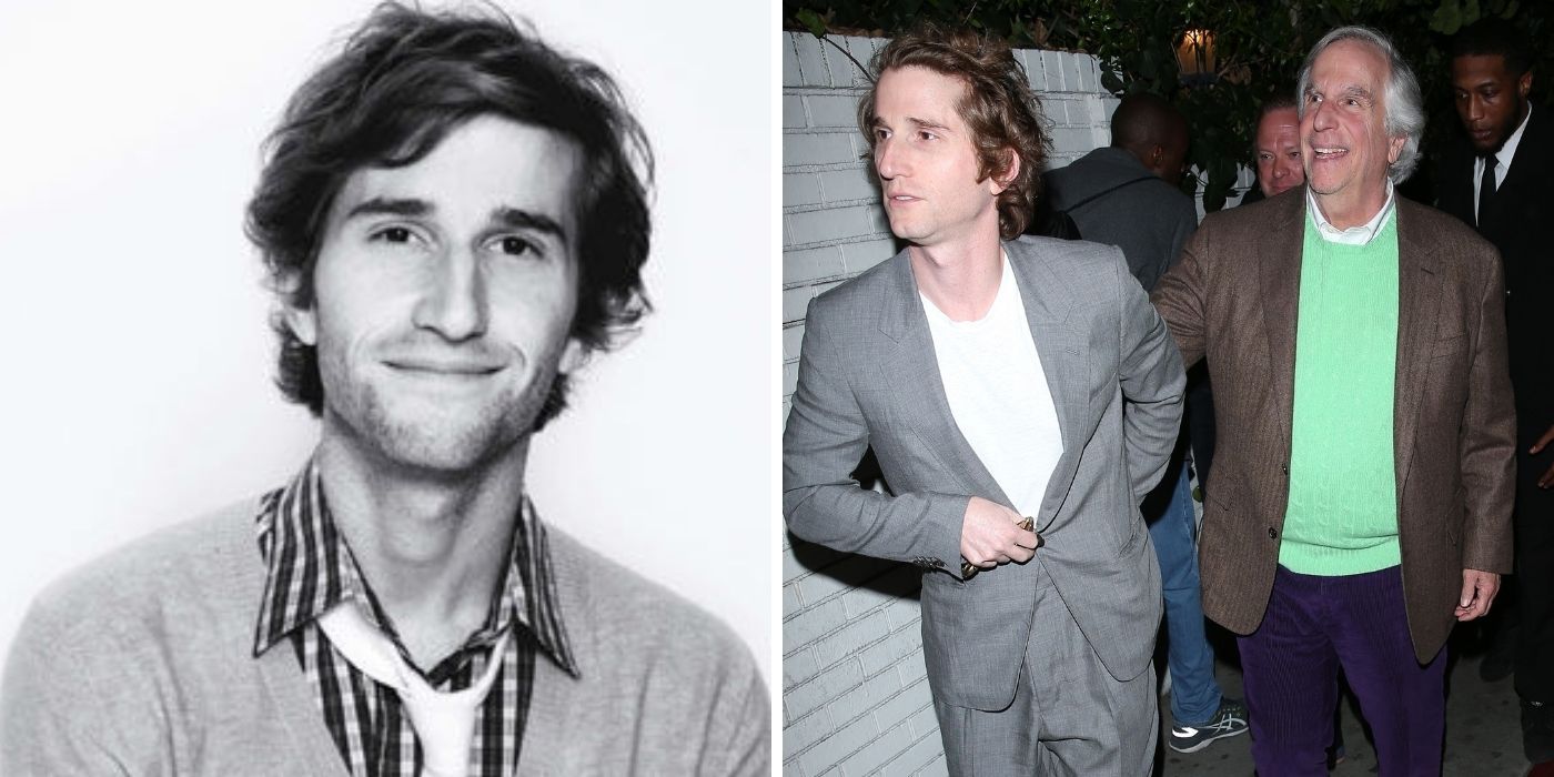 Max Winkler in a black and white portrait - Max and Henry Winkler on a red carpet