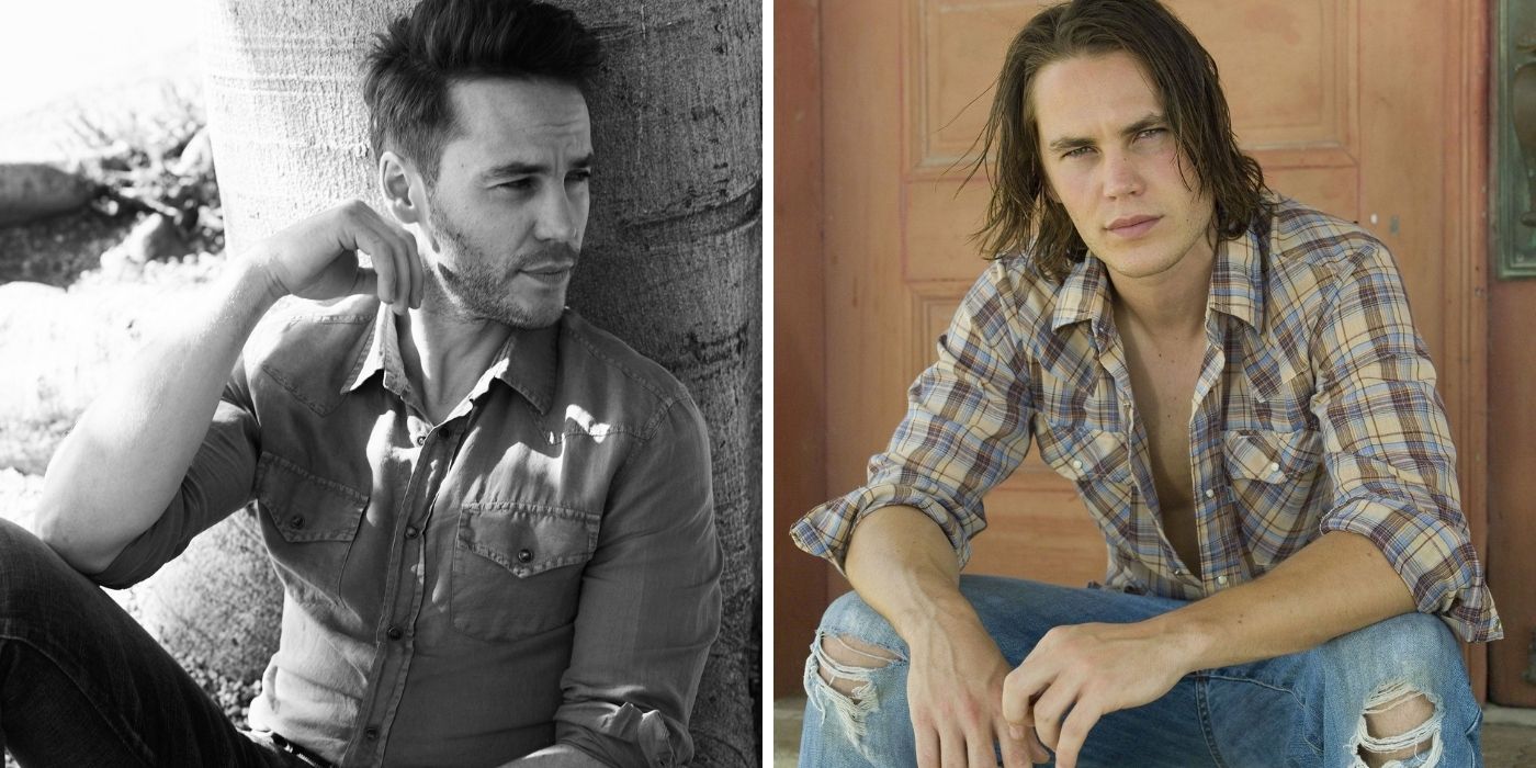 Taylor Kitch in a black and white portrait - Taylor Kitsch with long hair in a flannel shirt