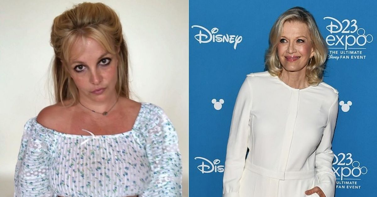 Side by side images of Britney Spears looking unimpressed and Diane Sawyer smiling on the red carpet