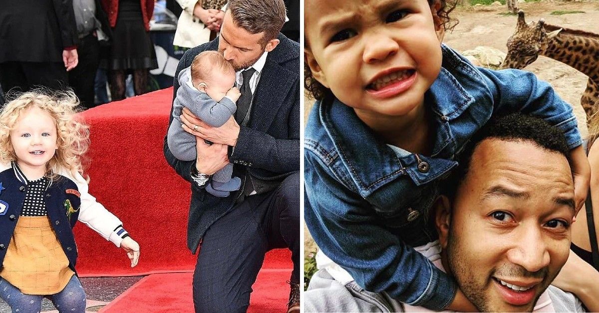 Ryan Reynolds on red carpet with daughter and John Legend in close-up selfie with